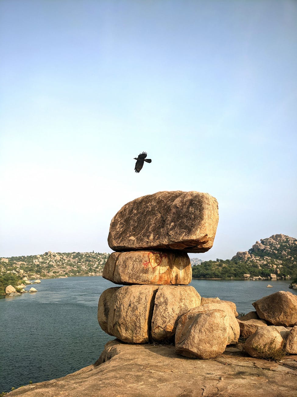 stones on the bank of sanapur lake in karnataka india
